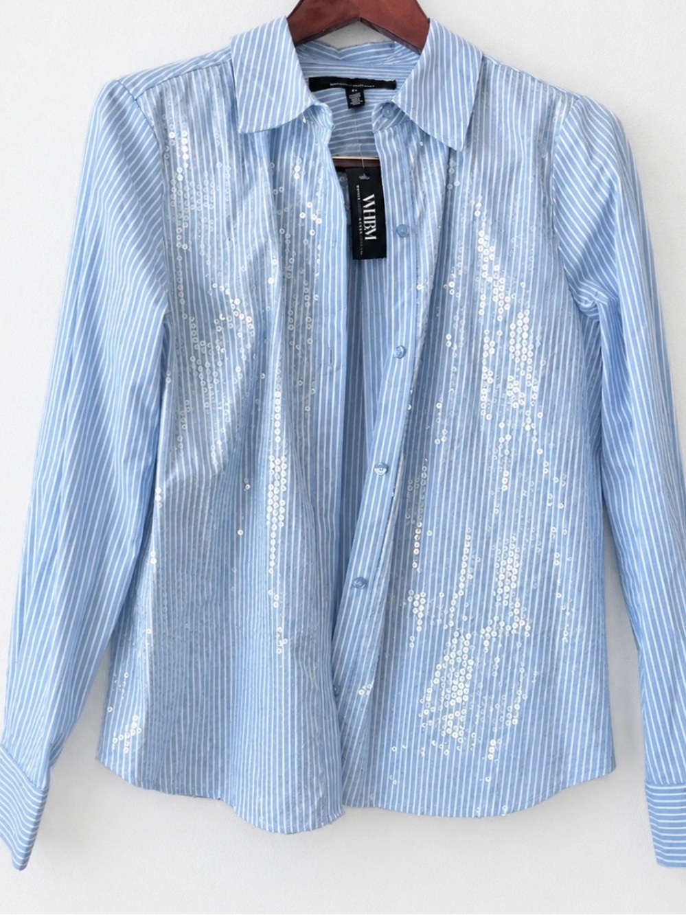 White House Black Market Light Blue Striped Sequin Button-Down Shirt